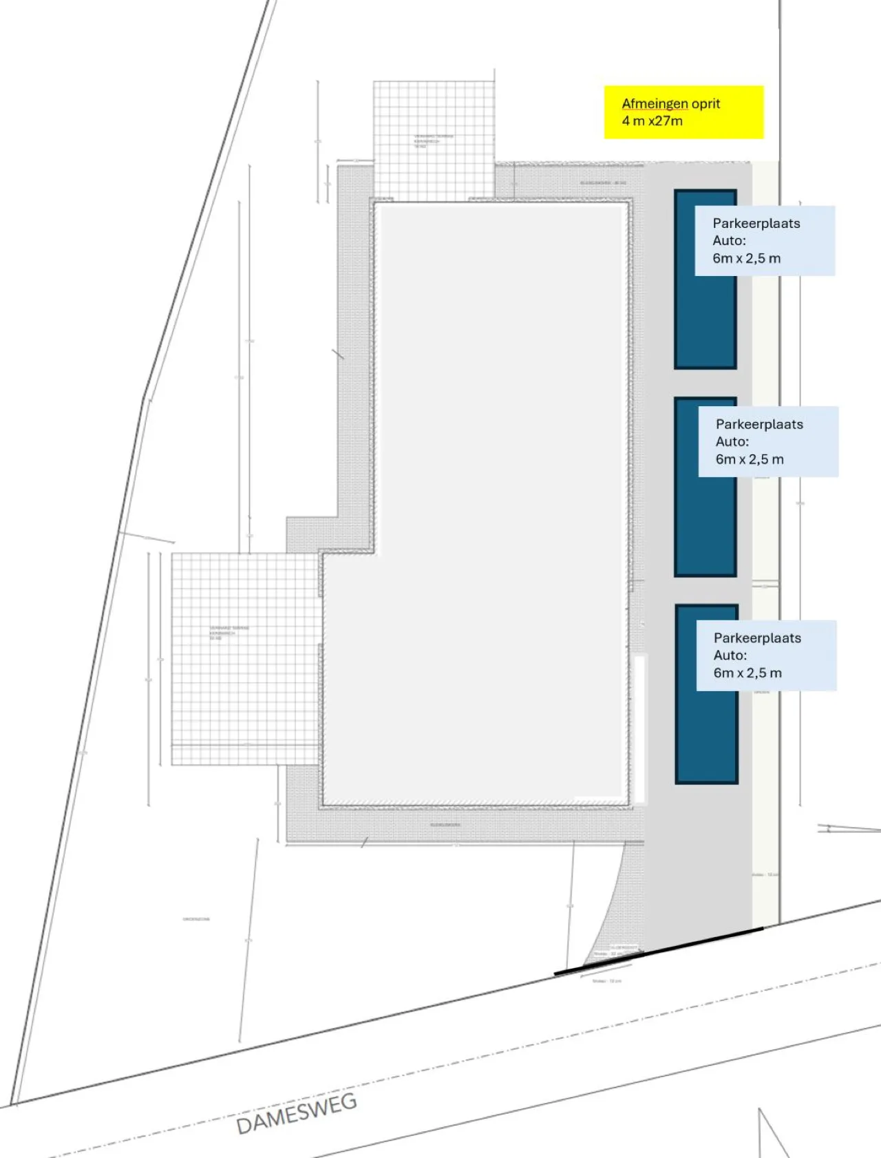 Schematisch plan van de oprit van 4 op 27 meter met drie parkeervakken van 6 op 2,5 meter.